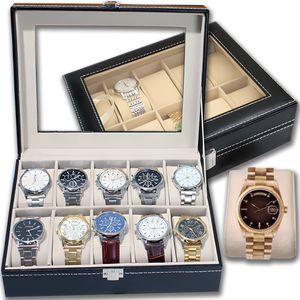 Uhrenbox für 10 Uhren Uhrenkoffer Uhrenkasten Box Lederwaren Schaukasten Aufbewahrungsbox Kunstleder Uhrenaufbewahrung Organizer Schwarz Retoo