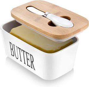 Butterdose mit Holzdeckel Butterdosen Porzellan mit Messer Keramik Butterdose für 350g Butter--Double-Layer-Silikon-Dichtung Butterdose mit Deckel, Weiß