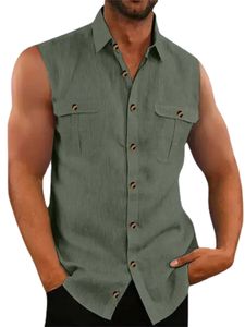 Männer Ärmellose Bluse Reguläre Fit Tank Tops Hawaiian Mit Taschen Weste Hemd Täglich Grün,Größe S