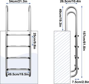 Bazénový žebřík NAIZY 304 z nerezové oceli | bazénové schůdky se 4 stupni | 157 x 54 x 26,5 cm - stříbrná | bazénový žebřík s protiskluzovou ochranou | přístupový žebřík do bazénů a na koupaliště | nosnost až 150 kg
