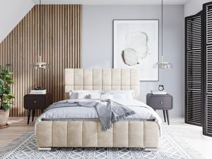 Alma 180 x 200 cm - Čalouněná postel s podnoží a dřevěným rámem - Manželská postel s vysokým podhlavníkem - Bez matrace - Ecru