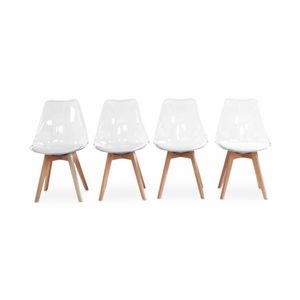 4er Set Stühle im skandinavischen Stil - Lagertha - Holzbeine, Ein Sitz, weißes Kissen, transparente Sitzschale