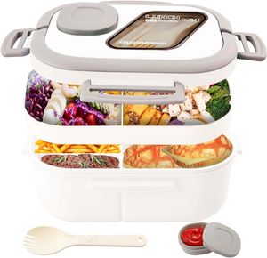 Bento Lunchbox mit Fächern, 2 Lagige Brotbox Vesperbox Brotdose,Salatbox To Go,Butterbrotdose Schule mit Göffel Soßenschüssel(Weiß)