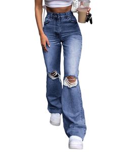 Damenmode Lange Jeans Tasche Reißverschluss Zerrissen Holes Pants Bell-Bottom Hose,Farbe:Marineblau,Größe:M