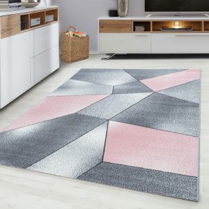 Kurzflor Teppich Grau Pink Weiss für Wohnzimmer Schlafzimmer Geometrie Muster, Farbe:Pink, Grösse:120x170 cm