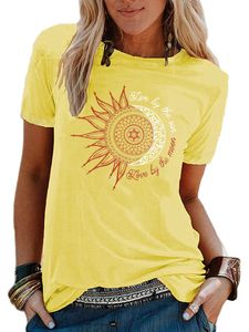 Damen T-Shirts Sommer Tshirts Sonne und Mond Print Oberteile Lose Rundhals Kurzarm Bluse Gelb,Größe L