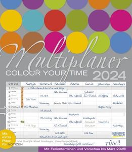 Multiplaner - Colour your time 2024: Familienplaner, 7 breite Spalten. Großer Familienkalender mit Ferienterminen, extra Spalte, Vorschau für 2024 und Datumsschieber. Format: 40x46 cm