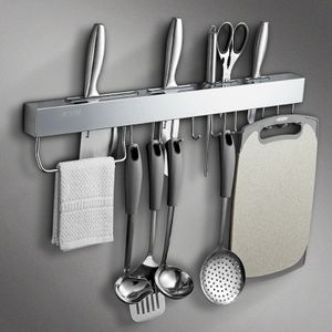 60cm Messerhalter Edelstahl mit 10 Haken Wandmontage Messerständer Multifunktional Küchenmesser Aufbewahrungsständer Küchenregal bis 25kg (Silber)