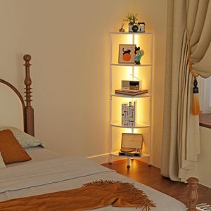 Bücherregal mit LED Beleuchtung,5 Ebenen Eckregal Standregal Lagerregal Aufbewahrungsregal für Küche,Bad,Wohnzimmer,Büro 43x30x140cm Weiß