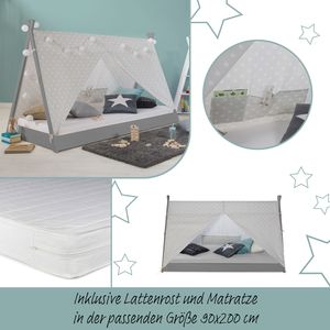Homestyle4u 2085, Kinderbett mit Matratze Tipi Bett 90x200 cm Jugendbett Grau Weiß Hausbett Holzbett Kinderzimmer Stoff