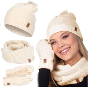 Damen Wintermütze Schlauchschal Handschuhe Set Winter Gestrickte Warme Mütze Schal Winterhandschuhe Beige