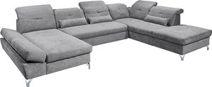 Wohnlandschaft mit verstellbaren Kopfstützen und Schlaffunktion in Mikrovelours dunkelgrau, U-Form mit Bettkasten rechts, Serie MUCCIA-09