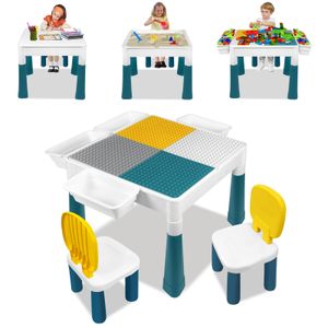 LARS360 Dětský stůl s 2 židlemi + 163 kusů stavebních kostek Víceúčelový stůl pro batolata Dětský nábytek Dětská sedací skupina