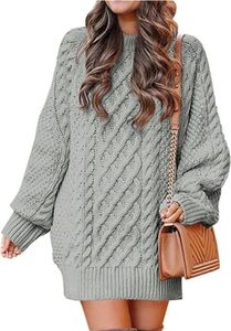 ASKSA Damen Pulloverkleid Rundhalsausschnitt Langarm Zopfmuster Rollkragen Chunky Pullover Kurze Pulloverkleider, Grau, M