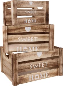 BELLE VOUS (3er Pack Holzkiste Vintage Kisten Holz mit Griffen - Rustikale Holzkiste Groß, Mittlere & Kleine Holzkiste - Herz mit Sweet Home Deko