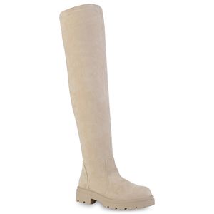 VAN HILL Damen Stiefel Overknees Plateau Vorne Profil-Sohle Schuhe 839458, Farbe: Beige, Größe: 37