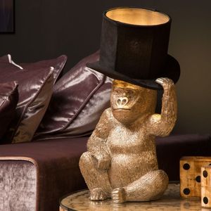 Lucide Stylische Affentischlampe in Gold mit Zylinder aus Baumwolle in Schwarz E14