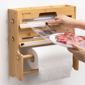 Navaris 3-in-1 Küchenrollen Frischhaltefolie Alufolienspender aus Bambus - Halter für Alufolie Küchenrollenhalter Wand - Wandrollenhalter Küche -
