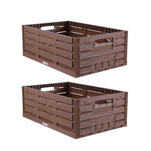 Stabile Faltbox "2er Pack" Holzdesign 60 x 40 x 21,8cm ( LxBxH ) Stapelbarer Faltbarer Einkaufskorb 45L - Robuste Klappkiste - Gemüsekiste Obstkiste