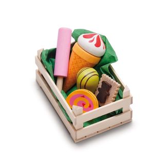 Erzi Sortiment in der Holzsteige Süßwaren, klein, Spielzeug-Lebensmittel, Kaufladenzubehör