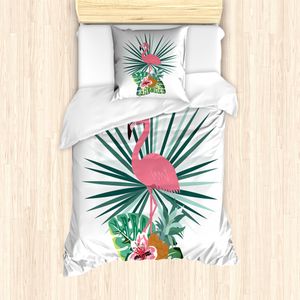 ABAKUHAUS Exotisch Bettbezug Set für Einzelbetten, Ananas Flamingo Botanik, Milbensicher Allergiker geeignet mit Kissenbezug, 135 cm x 200 cm - 80 x 80 cm, Mehrfarbig