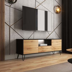 Selsey TV-Lowboard PLOYSTEA - TV-Schrank  in Schwarz / Wotan Eiche mit offenem Fach, 3 geschlossenen Fächern und LED, modern, 137 cm breit