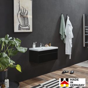 HOME DELUXE - Badmöbel WANGEROOGE BIG S Schwarz (HB) Badezimmermöbel Waschbecken Unterschrank Spiegel