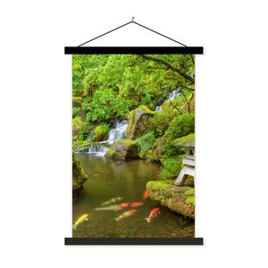 MuchoWow® Textilposter Wasserfall - Koi - Japanische Laterne - Moos - Wasser 120x180 cm mit schwarzem Rahmen - Fotos