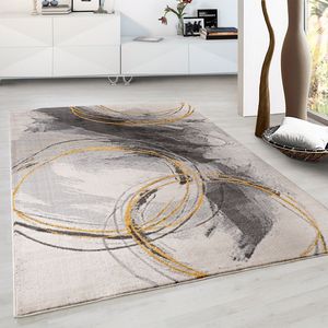 Designer Teppich Modern Kreiselmotiv Leinwandoptik Grau Gelb, Maße:160x220 cm