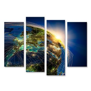 Bild Bilder auf Leinwand Hochdetaillierter Planet Erde bei Nacht beleuchtet von der aufgehenden Sonne mit geprägten Kontinenten beleuchtet von  Wandbild Poster Leinwandbild QAWU