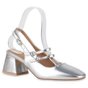 VAN HILL Damen Slingpumps Pumps Eckige Elegante Absatz-Schuhe 841154, Farbe: Silber, Größe: 37