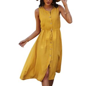 Damen Kleid Knopfleiste Lose Einfache Frauen Rundhals Einfarbig Kleid für Strand Gelb S
