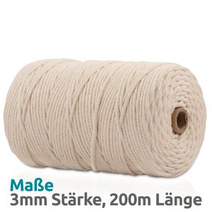 VOYAL Makramee Garn - 200m (Stärke: 3mm) - 100% Natürliches, gezwirntes Baumwolle Garn, natur / beige