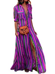 Damenhalb Ärmeln Sundress Summer Stripe Print Kleid Casual Lapel Shirt Kleid,Farbe:Lila,Größe:M