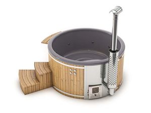 Finntherm Holz Badefass Stockholm aus Thermoholz, Whirlpool, Hot Tub Ø 200 cm, in Anthrazit, 8 Personen, inkl. Edelstahl-Ofen (30 kW, Schwimmbecken, Badebottich, Sprudelbad