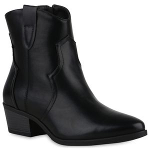 VAN HILL Damen Cowboy Boots Stiefeletten Trichterabsatz Stickereien Schuhe 840529, Farbe: Schwarz, Größe: 37