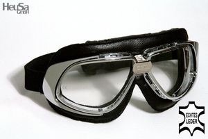 Motorradbrille Classic, ECHT LEDER, schwarz mit klaren Gläsern