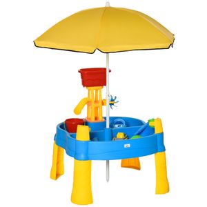 HOMCOM Sand- und Wasserspieltisch 2-in-1-Tischspielset für Sand- und Wasseraktivitäten im Freien 25 teiliges Strandspielzeug-Set mit Sonnenschirm Kinder Wasserspielzeug Wasserbahn draußen