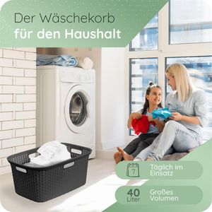 Novaliv 3er-Pack Rattan Wäschekorb mit 4 Griffen 40L Schwarz, Wäschebox Set Wäscheeimer Wäschebehälter für Bad Wäsche Schmutzwäsche, Wäschekörbe Haushalt Zubehör Wäschetonne Sammler