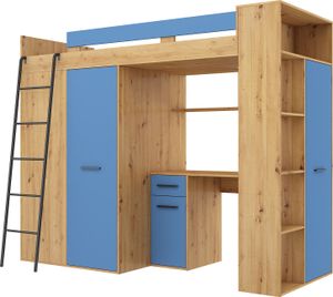 Podkrovní postel VERANA L (levá) Patrová postel Předsíňová postel 90x200 Šatní skříň Policové schody ARTISAN OAK / BLUE