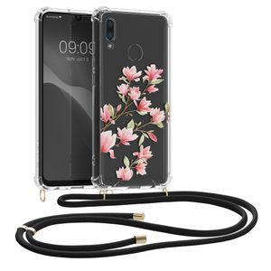 kwmobile Necklace Case kompatibel mit Huawei P Smart (2019) Hülle - Silikon Cover mit Handykette - Rosa Weiß Transparent Magnolien