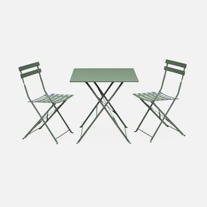 Klappbare Bistro-Gartenmöbel - Emilia quadratisch graugrün - Tisch 70x70cm mit zwei Klappstühlen aus pulverbeschichtetem Stahl