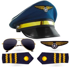 Pilot Set Kapitän Fasching Karneval für Herren Kostüm mit Schulterklappen Streifen, Pilotenhut, Pilotenmütze, Abzeichen für Pilotenkostüm