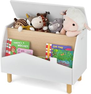 COSTWAY Kinderregal für Bücher und Spielzeug, Spielzeugkiste mit Klappdeckel, Spielzeugregal aus Holz, 60 x 30 x 44 cm (Weiß)