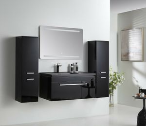 Badmöbel Set komplett Bad 90cm Schwarz Badezimmer Bademöbel Badezimmerschrank, Spiegel:Mit LED-Spiegel, Waschbecken:Mit Keramik Waschbecken, Seitenschrank:1x Seitenschrank Links, Waschbeckenunterschrank:Mit LED-Waschbeckenunterschrank