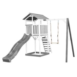 AXI Beach Tower Spielturm aus Holz in Weiß & Grau | Spielhaus für Kinder mit grauer Rutsche, Schaukel und Sandkasten | Stelzenhaus für den Garten