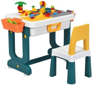 COSTWAY 5 in 1 Kinder Aktivitätstisch Spieltisch Kinderschreibtisch mit Stauraum, Kindersitzgruppe Bausteintisch Sandtisch Wassertisch mit Stuhl ideal für Kinderzimmer und Kindergarten