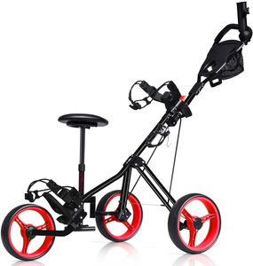 COSTWAY 3-Rad Golftrolley klappbar, Golfwagen mit verstellbarem Sitz und Griff, Schiebewagen, Metall Golf Push Cart, Golfcaddy mit Schirm- und Tassenhalter, rot+schwarz
