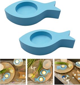 Oblique Unique Fisch Teelichthalter 2er Set Kerzenhalter Fische aus Holz - Tisch Deko für Taufe Kommunion Konfirmation hellblau