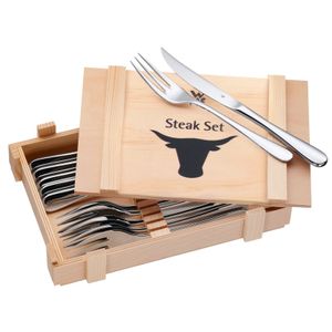 WMF Steakbesteck 12-teilig, Steakbesteck Set für 6 Personen, Steakmesser, Steakgabel, Cromargan Edelstahl poliert, Grillbesteck in Holzkiste